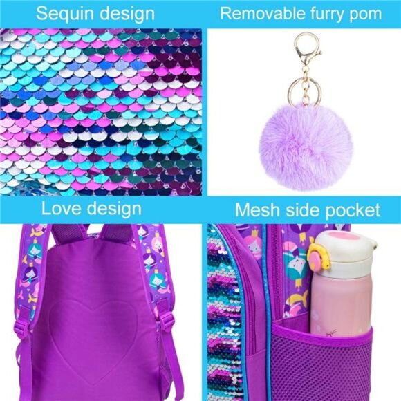 3PCS Kids Backpacks for Girls, 16" Little Kid Mermaid Sequin Preschool - Picture 10 of 10